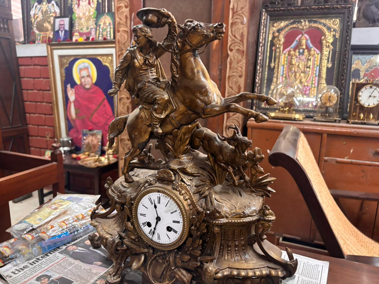 Antique Japy Frères Solid Brass Figural Mantel Clock