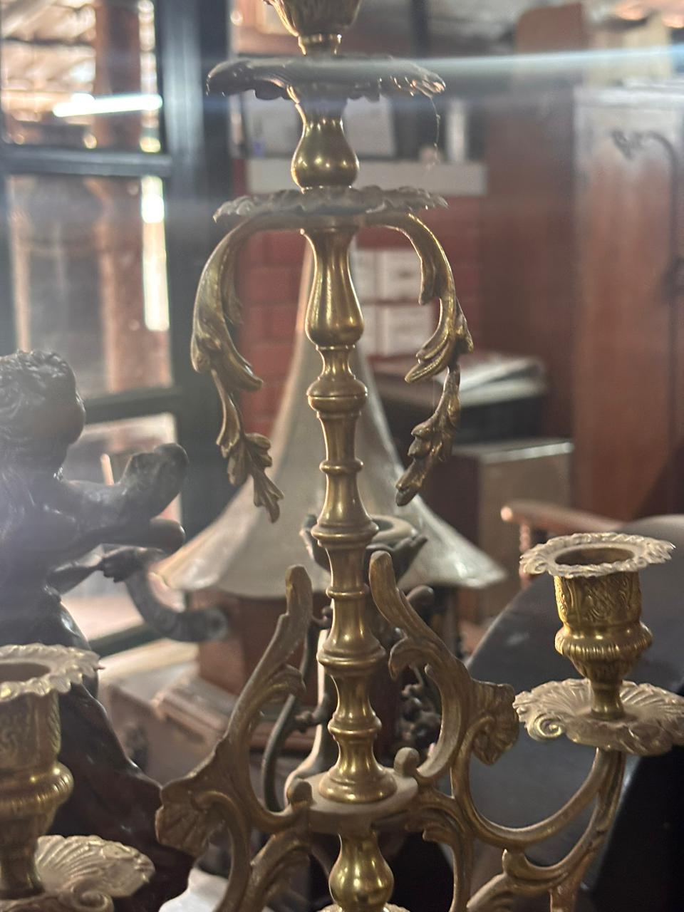 Circa 1860 Brass & Green Onyx Candelabra Mantel Clock Garniture Set Image 