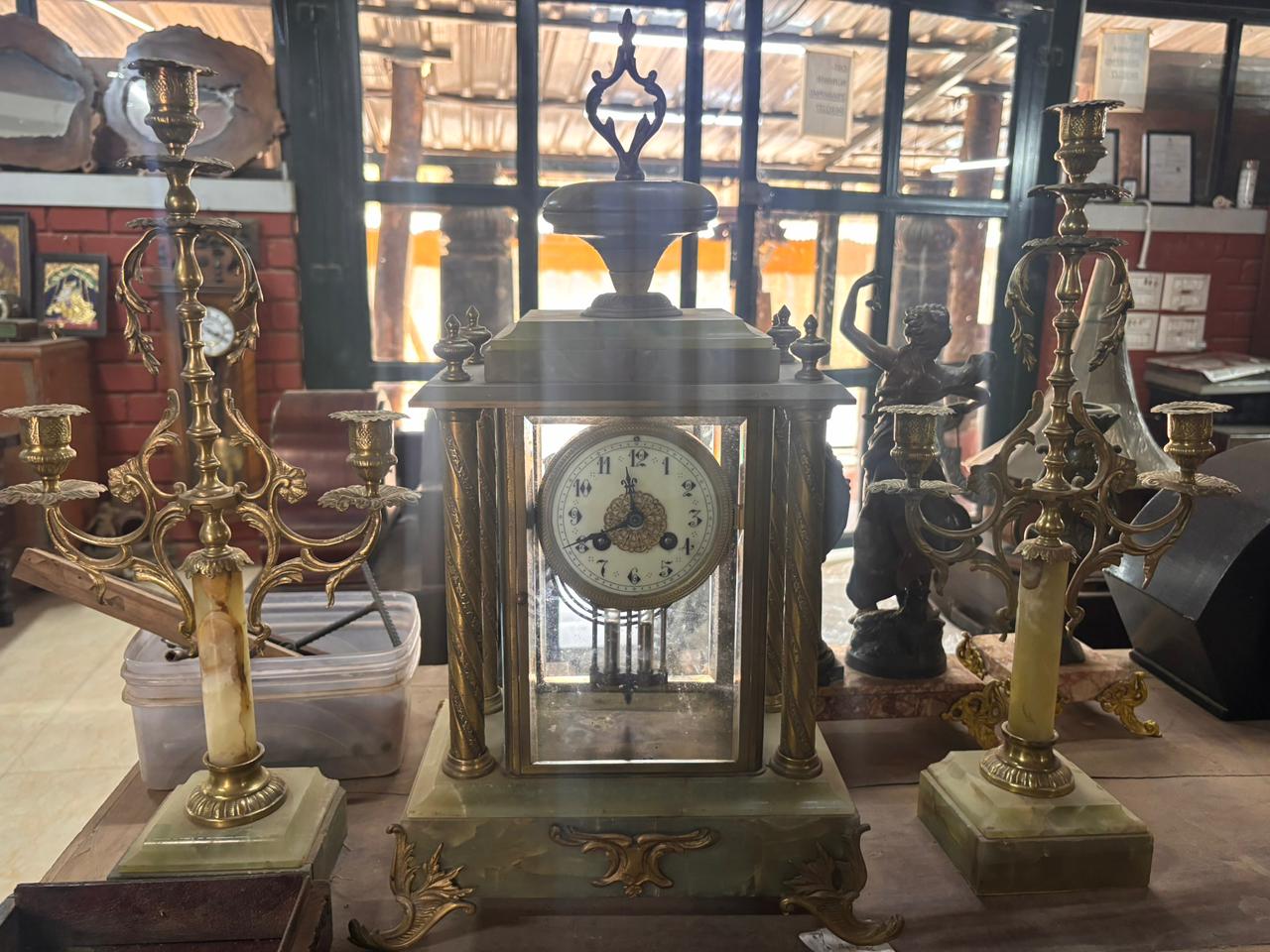 Circa 1860 Brass & Green Onyx Candelabra Mantel Clock Garniture Set Image