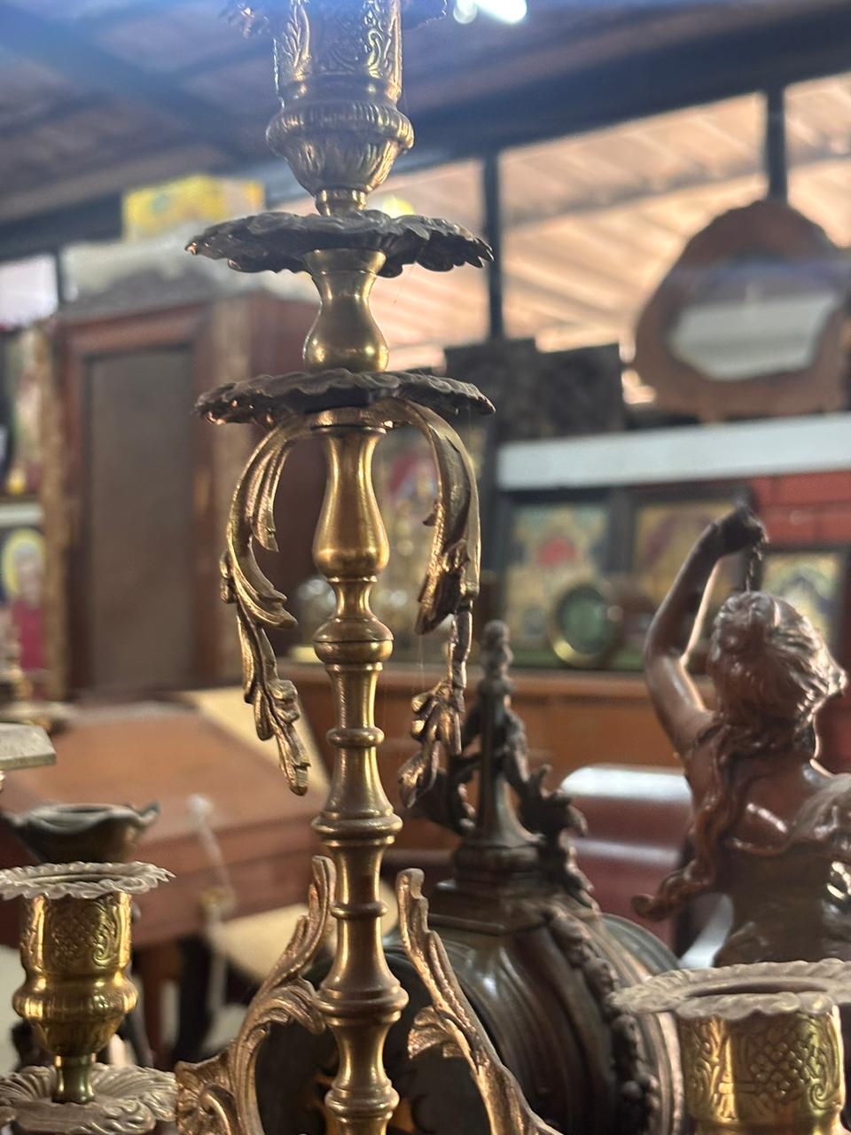 Circa 1860 Brass & Green Onyx Candelabra Mantel Clock Garniture Set Image 