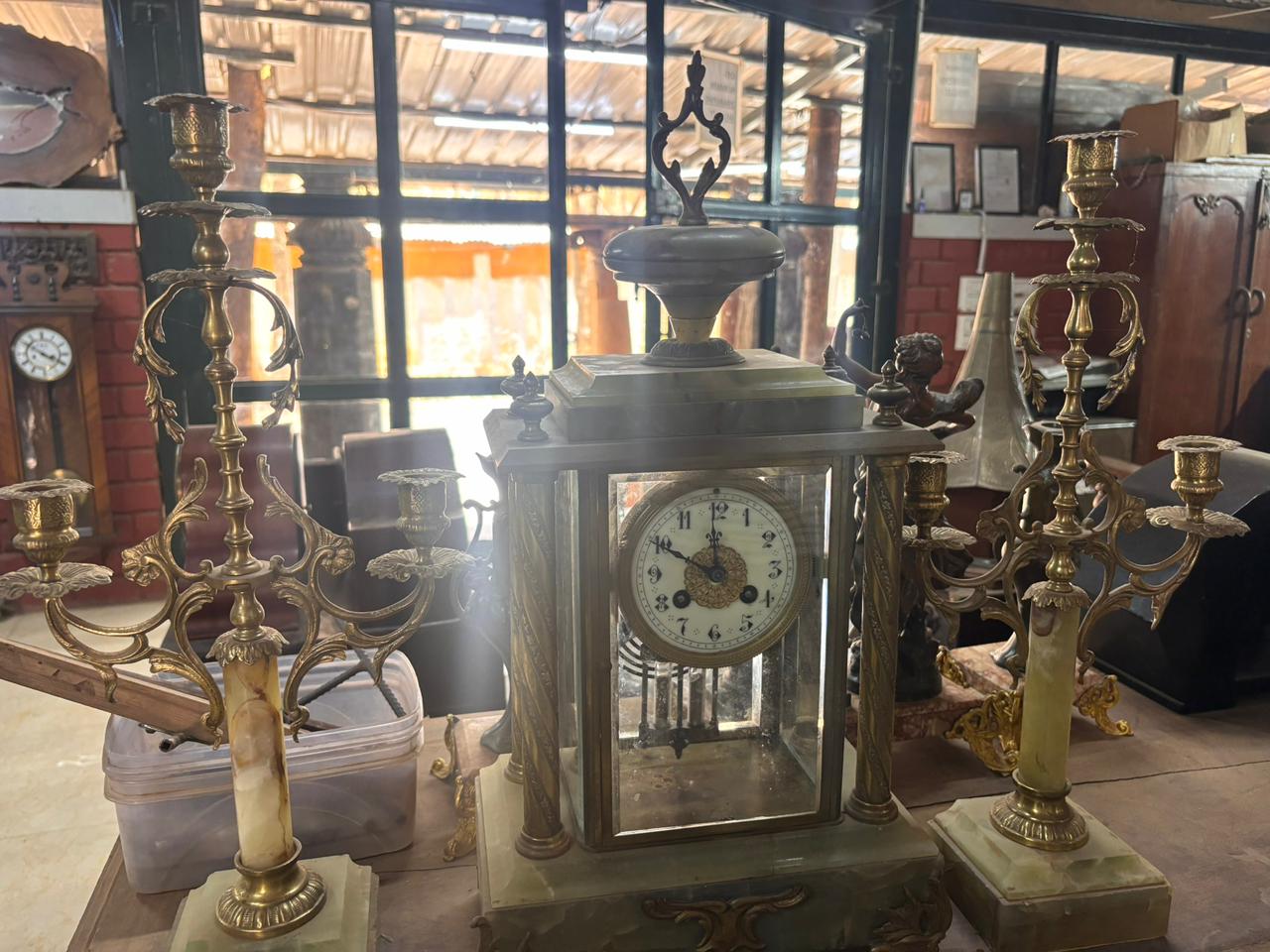 Circa 1860 Brass & Green Onyx Candelabra Mantel Clock Garniture Set