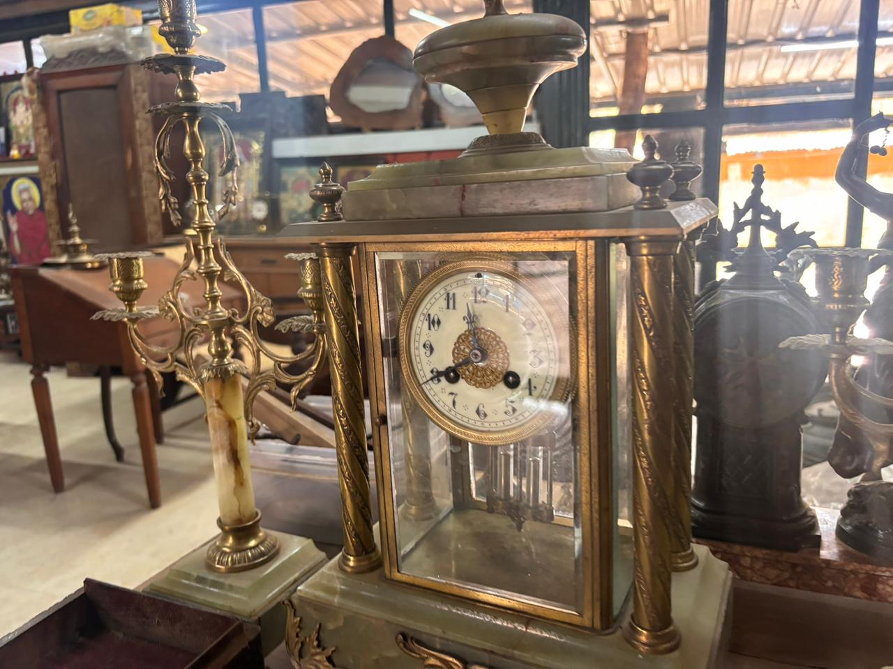 Circa 1860 Brass & Green Onyx Candelabra Mantel Clock Garniture Set Image 