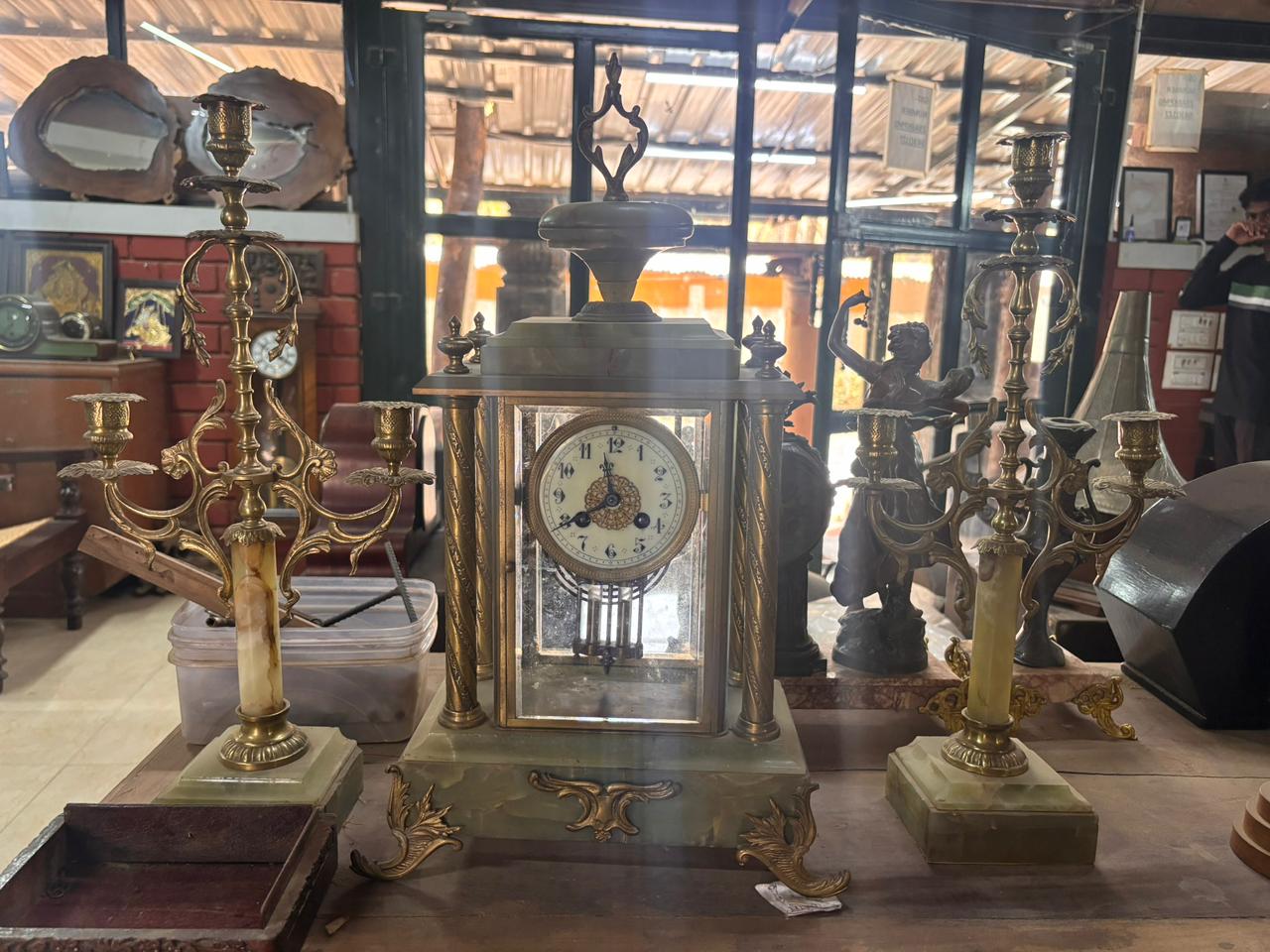 Circa 1860 Brass & Green Onyx Candelabra Mantel Clock Garniture Set Image 