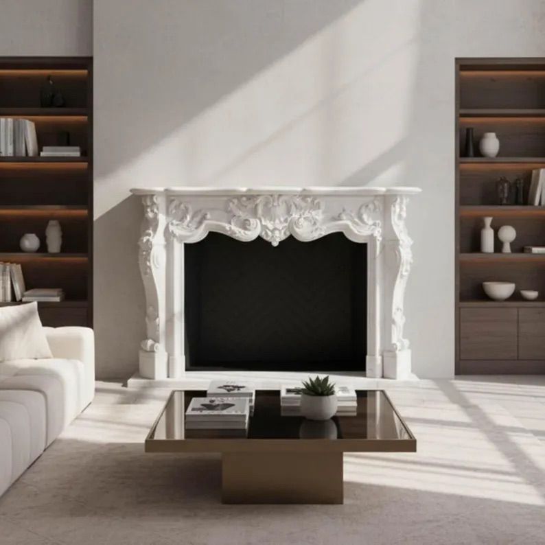 Pure White Moon Fireplace – Hand-Carved Makrana Marble Mantel Image