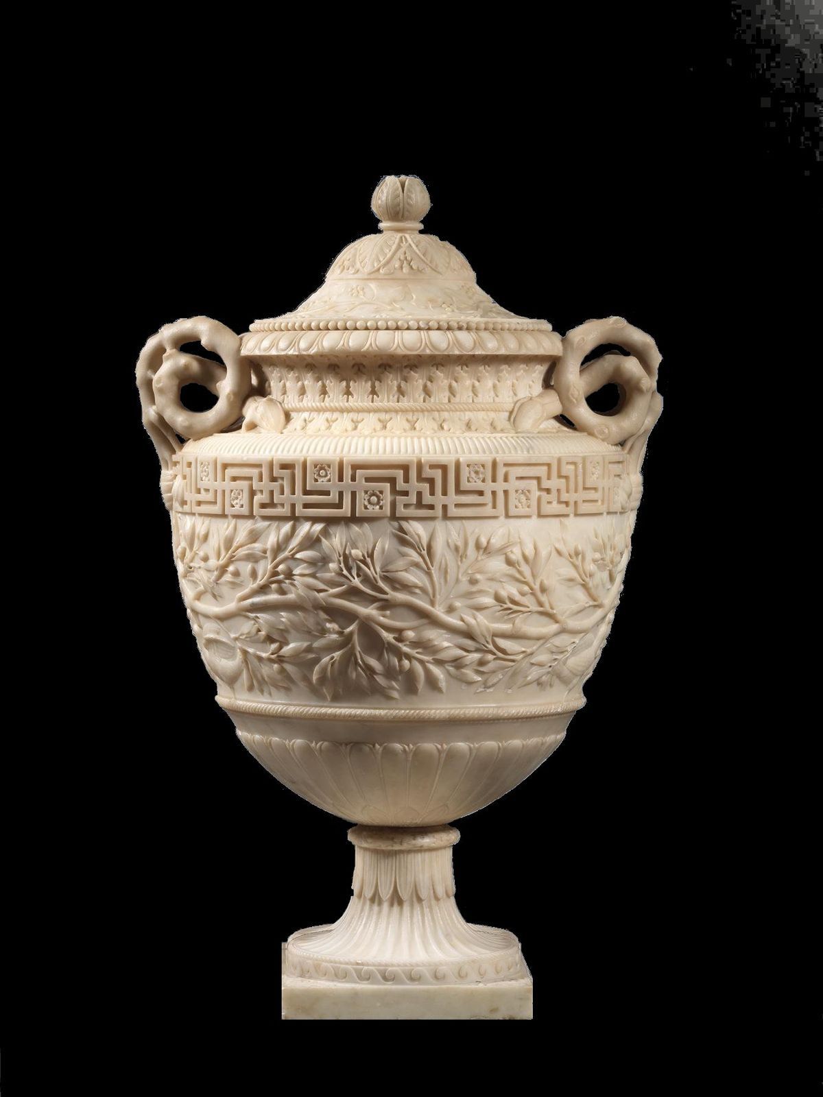 Imperial Carved White Marble Urns on Pedestal Stands