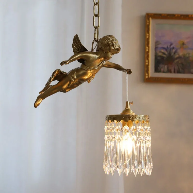 French Angel Chandelier Light Luxury Brass Crystal Decoration Hanging Image 