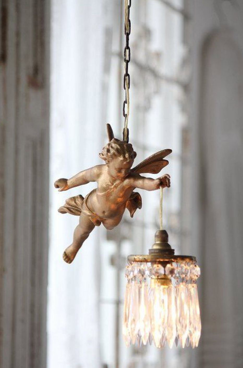 French Angel Chandelier Light Luxury Brass Crystal Decoration Hanging Image