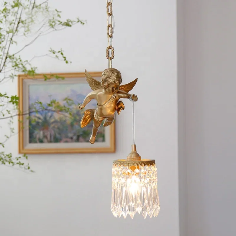French Angel Chandelier Light Luxury Brass Crystal Decoration Hanging Image 