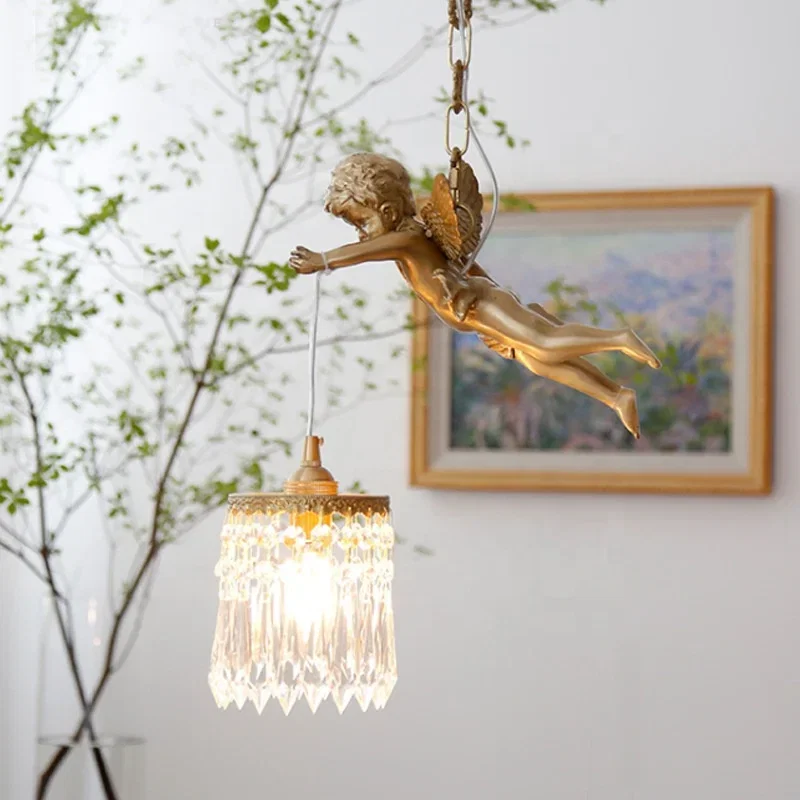 French Angel Chandelier Light Luxury Brass Crystal Decoration Hanging Image 