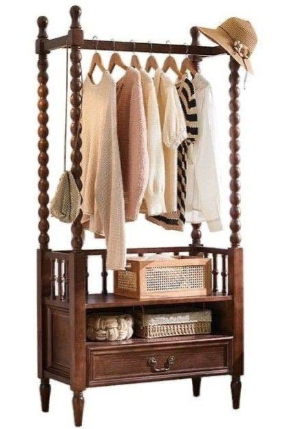 Vintage Solid Teak Wood Garment Rack with Storage Drawer Image