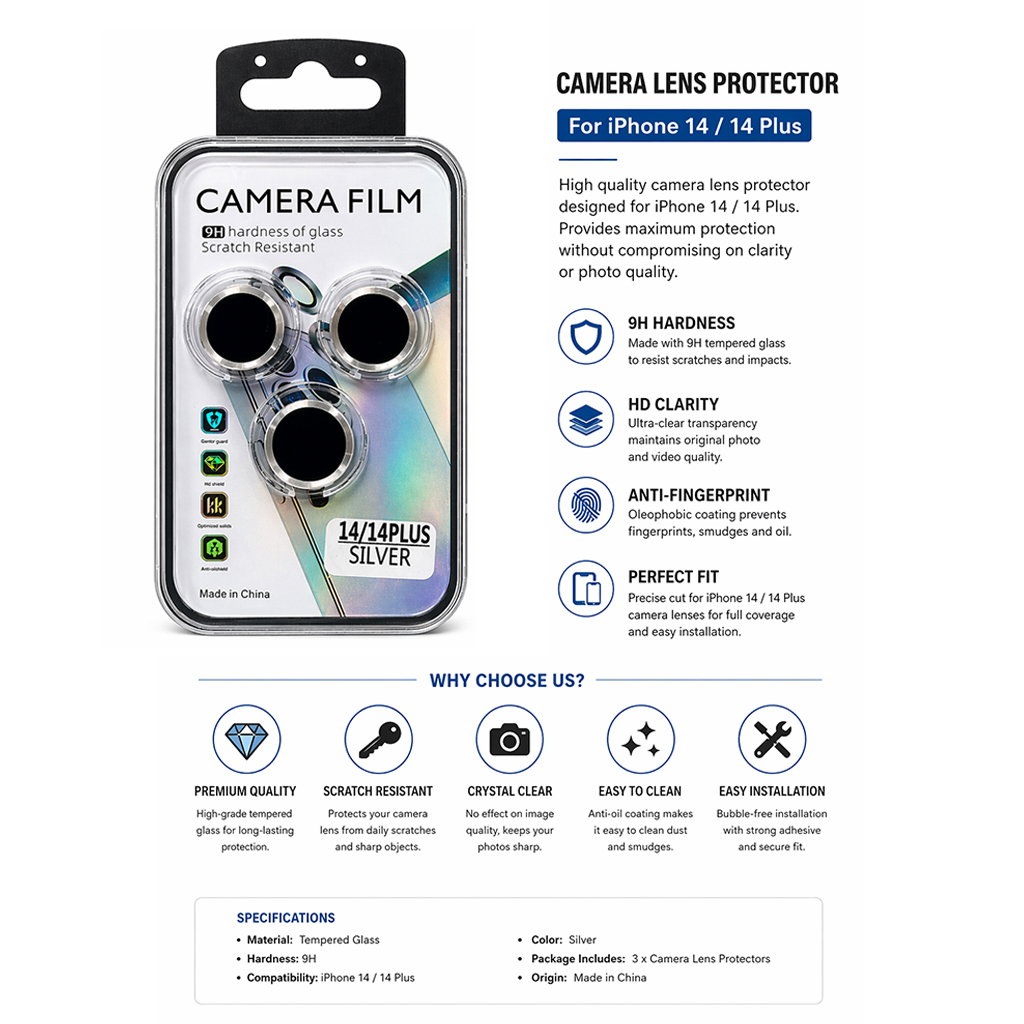 Premium Camera Lens Protector for iPhone 14 / iPhone 14 Plus | Scratch Proof Metal Ring with HD Clear Glass (3 Pack) Image 