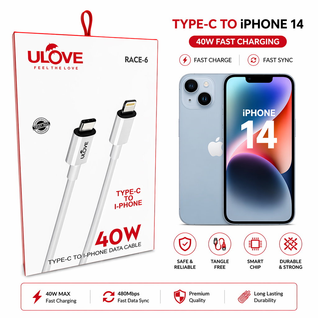 ULOVE Type-C to Lightning Fast Charging Cable (40W Max, RACE-6) – High-Speed Data Sync & Durable iPhone Cable Image 