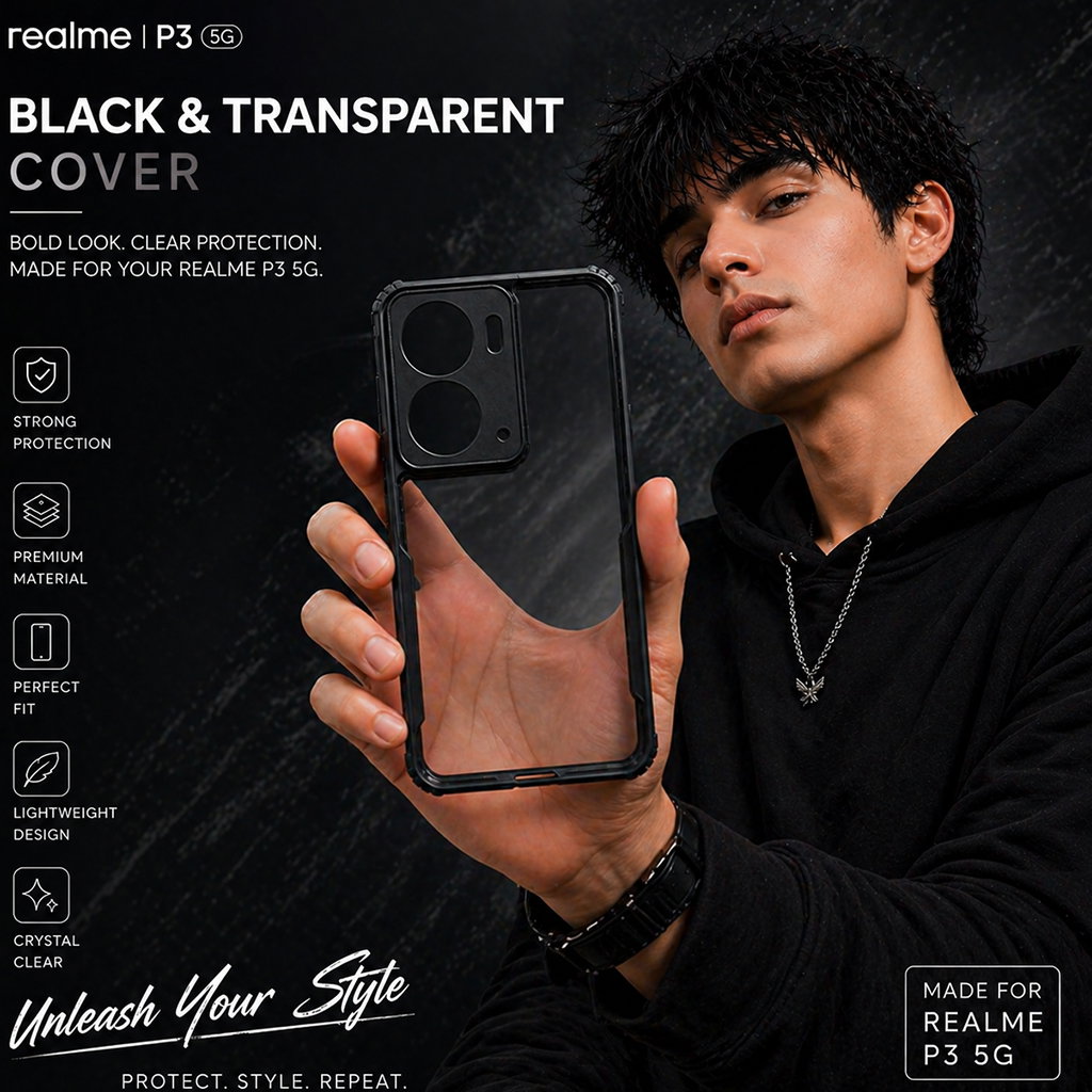 Realme P3 5G Black Eagle Cover | Transparent Back Case with Shockproof Black Edges | Premium Finish Anti-Yellow Hard Back Cover | Camera Protection | Slim & Stylish Design Image 