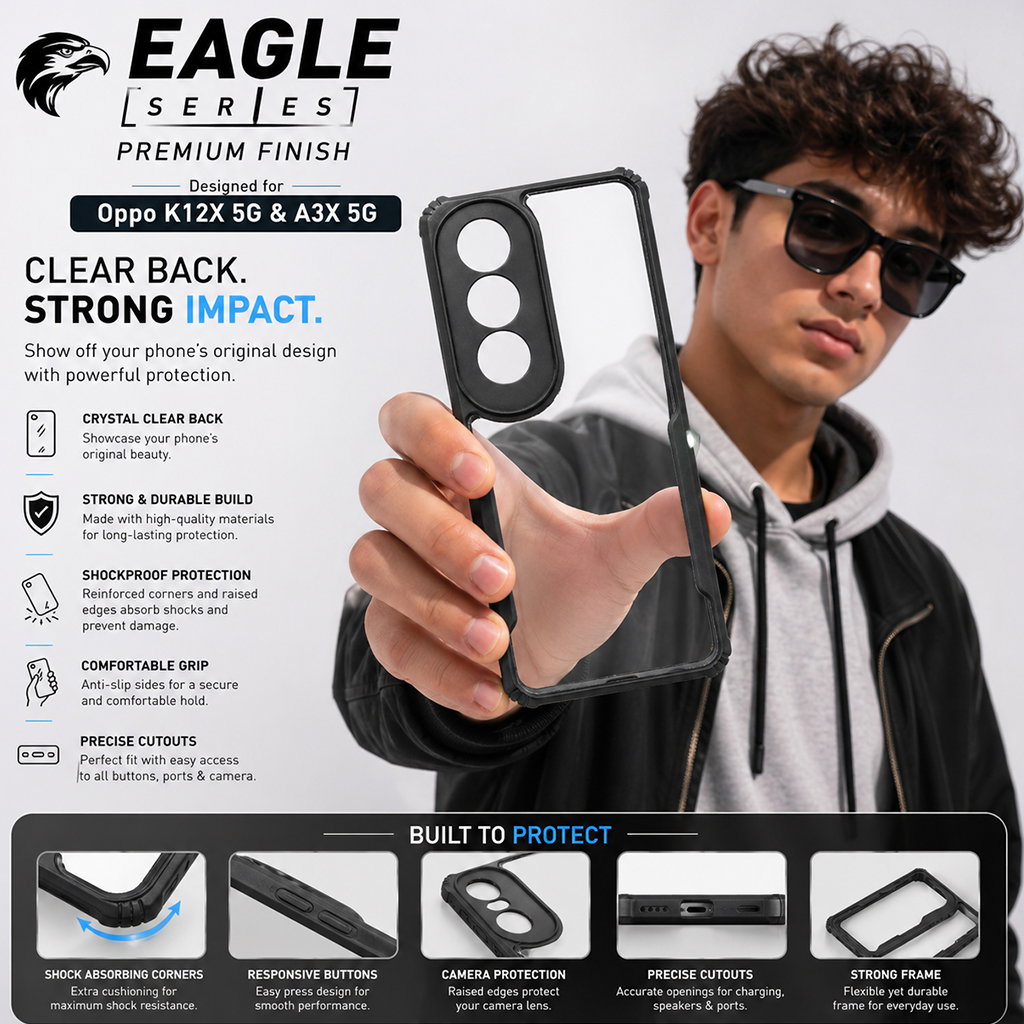 Oppo K12X 5G / A3X 5G Black Eagle Cover | Transparent Back Case with Shockproof Black Edges | Anti-Yellow Hard Back | Slim Fit | Camera Protection Case Image 