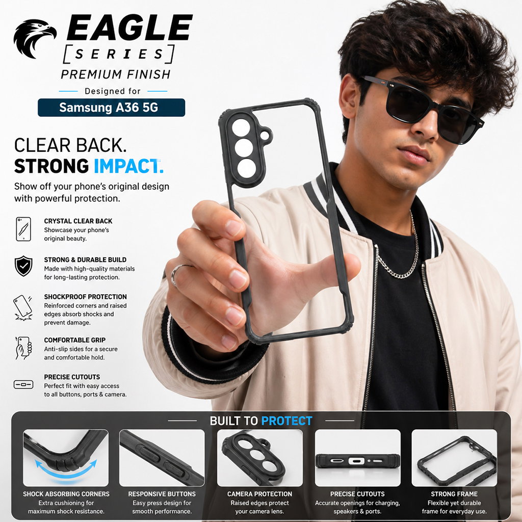 Samsung A36 5G Black Eagle Cover | Transparent Back Case with Shockproof Black Edges | Anti-Yellow Hard Back | Slim Fit | Camera Protection Case Image 