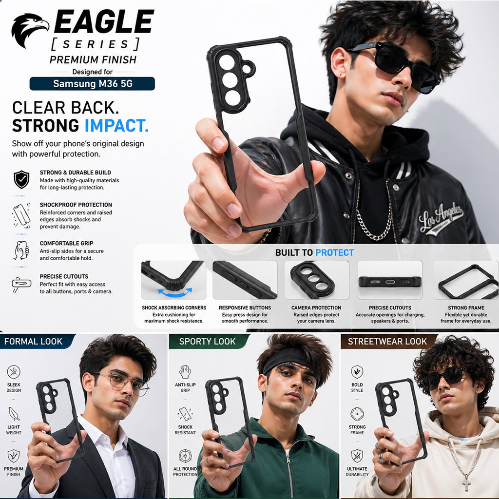 Samsung M36 5G Eagle Series Back Cover | Transparent Clear Back with Black Shockproof Frame | Premium Hybrid Protection Case with Camera Protection & Anti-Slip Grip Image 
