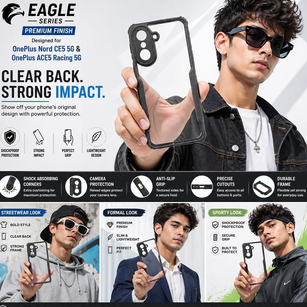 One Plus Nord CE5 5G / One Plus Ace 5 Racing 5G Black Eagle Cover | Transparent Back Case with Shockproof Black Edges | Anti-Yellow Hard Back | Slim Fit | Camera Protection Case Image 