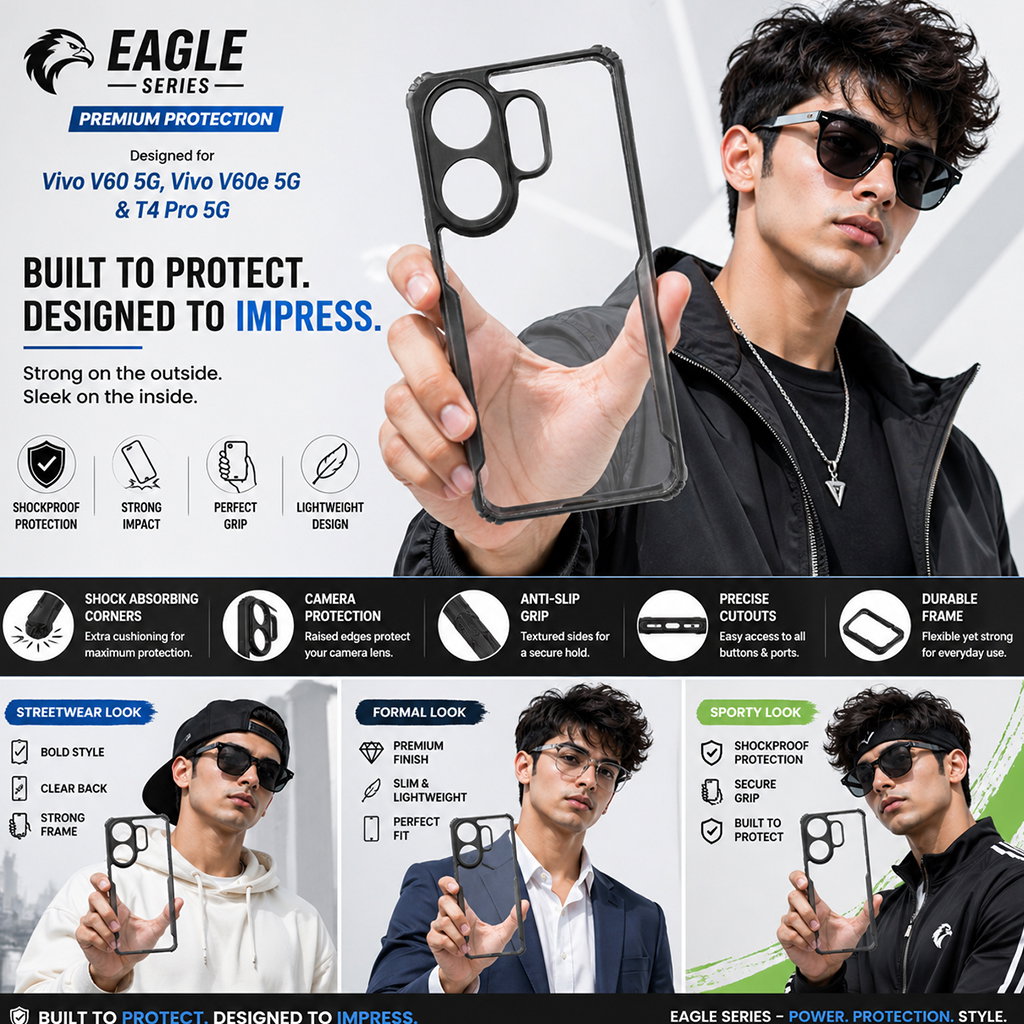 Vivo V60 5G / V60E 5G / T4 Pro 5G Black Eagle Cover | Transparent Back Case with Shockproof Black Edges | Anti-Yellow Hard Back | Slim Fit | Camera Protection Case Image 