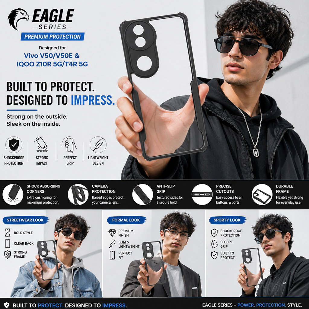 Vivo V50 / V50E & iQOO Z10R 5G / T4R 5G Black Eagle Cover | Transparent Back Case with Shockproof Black Edges | Anti-Yellow Hard Back | Slim Fit | Camera Protection Case Image 