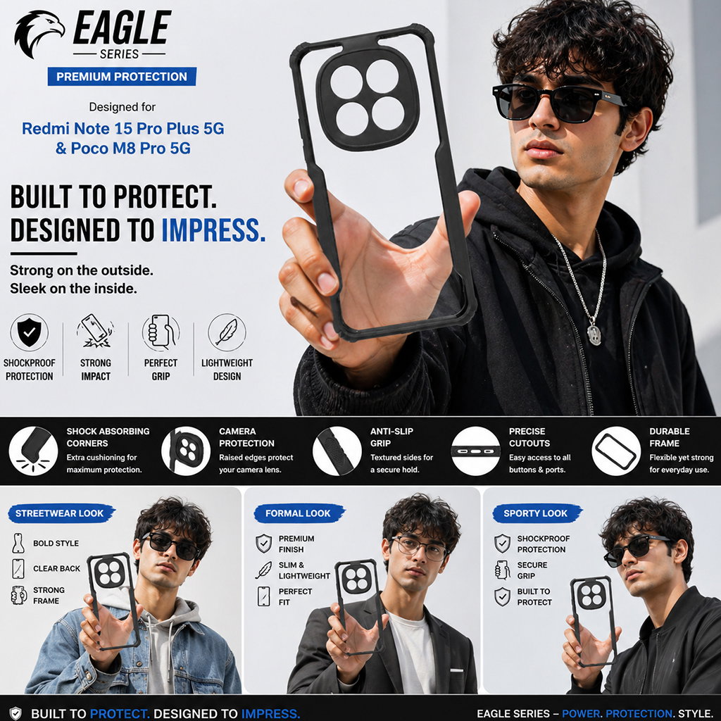 Redmi Note 15 Pro Plus 5G / Poco M8 Pro 5G Black Eagle Cover | Transparent Back Case with Shockproof Black Edges | Anti-Yellow Hard Back | Slim Fit | Camera Protection Case Image 