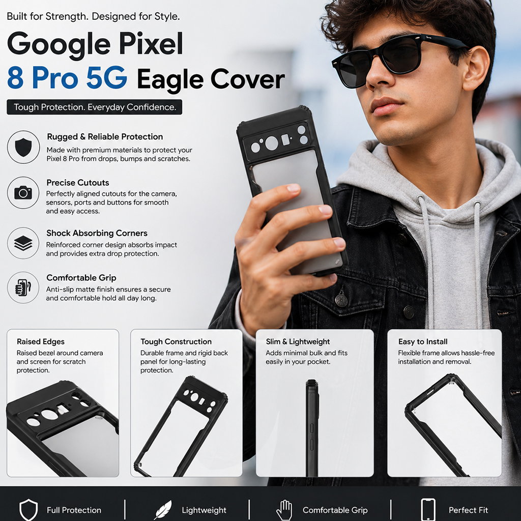 Google Pixel 8 Pro 5G Black Eagle Cover | Transparent Back Case with Shockproof Black Edges | Anti-Yellow Hard Back | Slim Fit | Camera Protection Case Image 