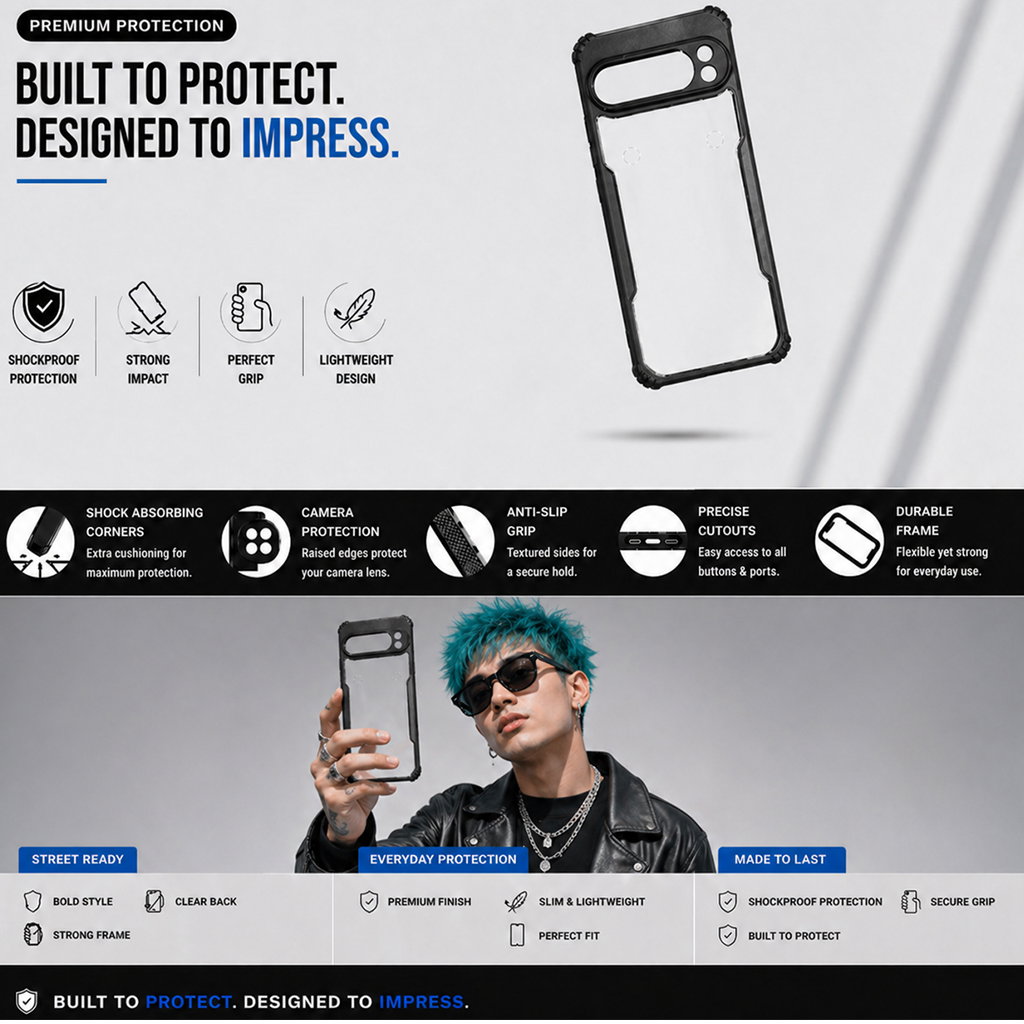 Google Pixel 9 Pro 5G Black Eagle Cover | Transparent Back Case with Shockproof Black Edges | Anti-Yellow Hard Back | Slim Fit | Camera Protection Case Image 