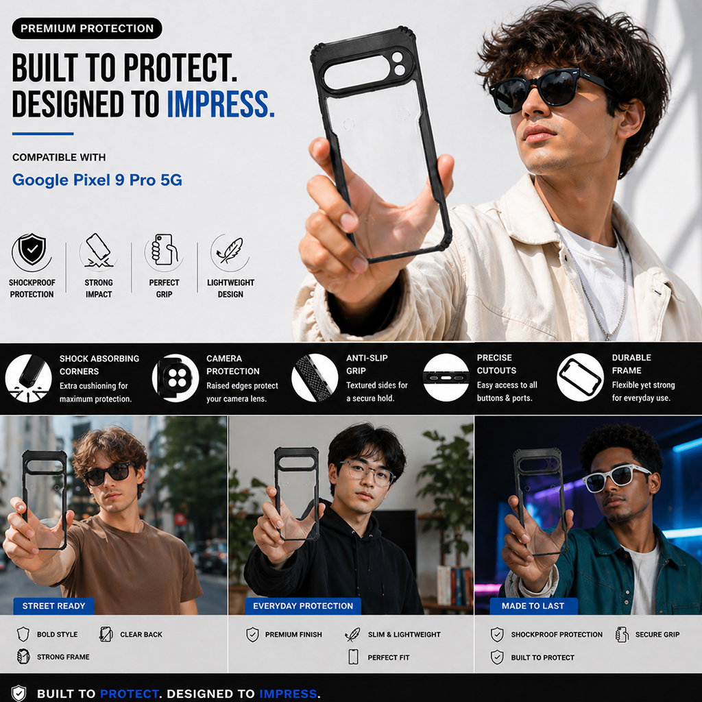 Google Pixel 9 Pro 5G Black Eagle Cover | Transparent Back Case with Shockproof Black Edges | Anti-Yellow Hard Back | Slim Fit | Camera Protection Case Image 