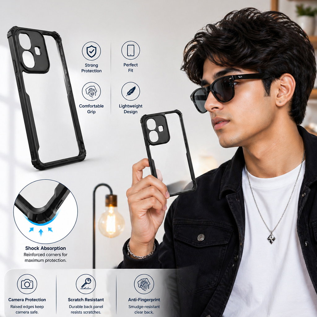 Infinix Smart 10 5G & X6725 5G Back Cover | Black Eagle Series Transparent Back Case | Shockproof Bumper | Scratch Resistant | Slim & Stylish Protective Case Image 