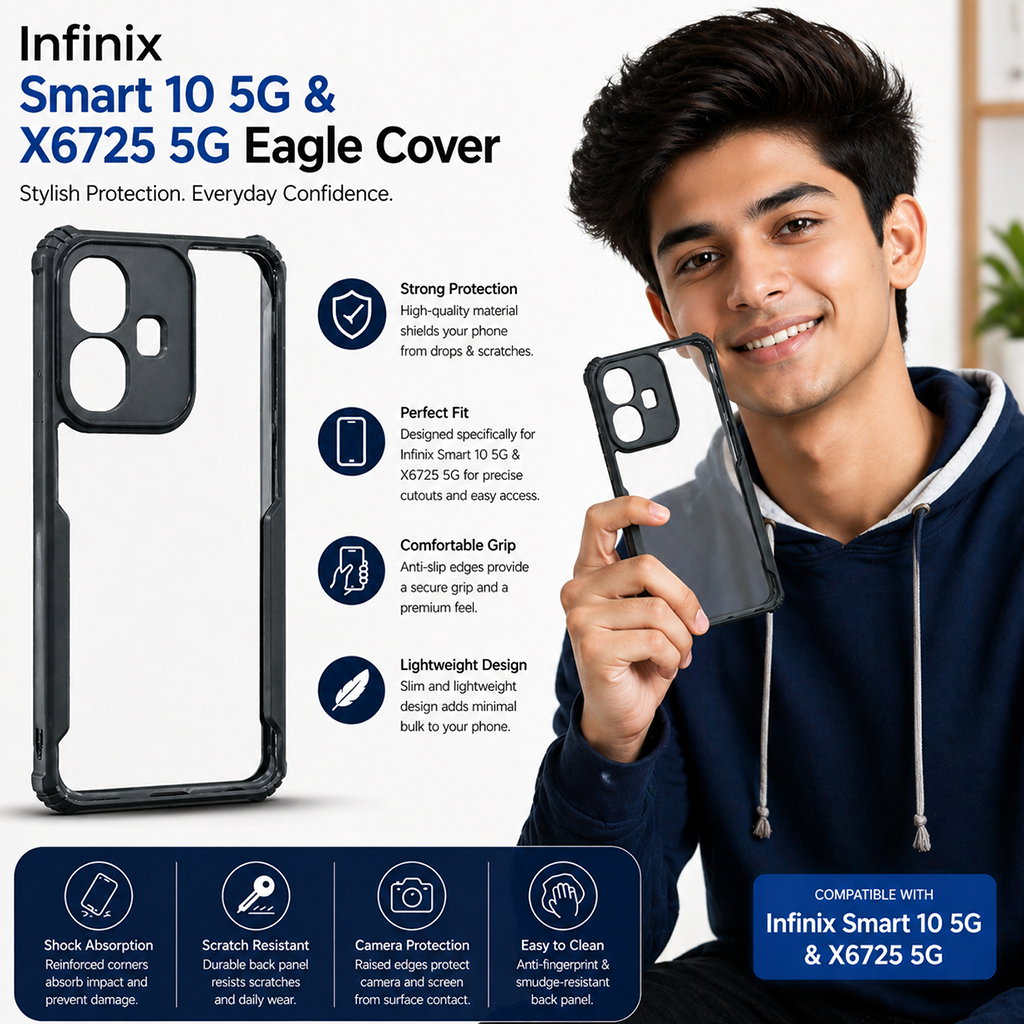 Infinix Smart 10 5G & X6725 5G Back Cover | Black Eagle Series Transparent Back Case | Shockproof Bumper | Scratch Resistant | Slim & Stylish Protective Case Image 