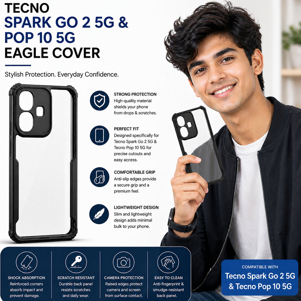 Tecno Spark Go 2 5G & Tecno Pop 10 5G Back Cover | Black Eagle Series Transparent Case | Shockproof Bumper | Scratch Resistant | Slim Protective Mobile Cover Image 