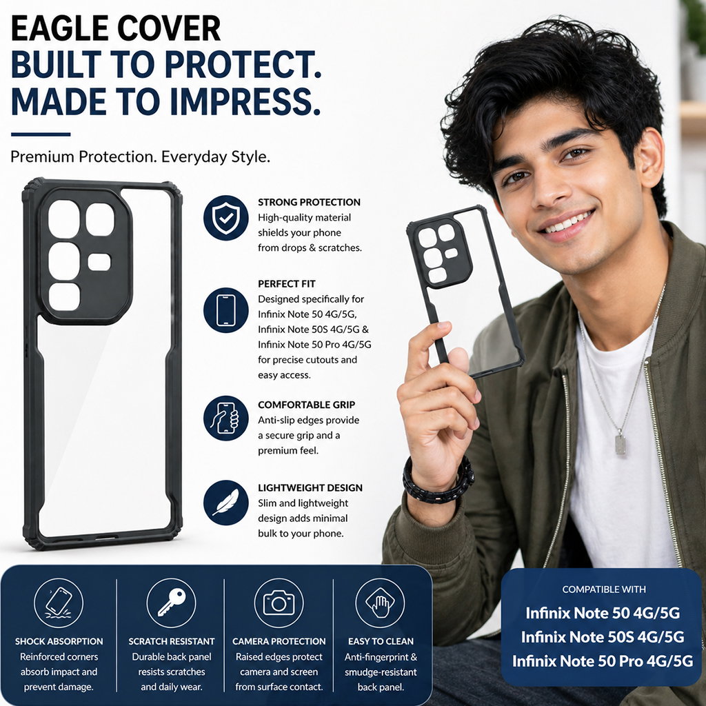 Infinix Note 50 4G/5G, Note 50S 4G/5G & Note 50 Pro 4G/5G Back Cover | Black Eagle Series Transparent Case | Shockproof Bumper | Scratch Resistant | Slim Protective Mobile Cover Image 