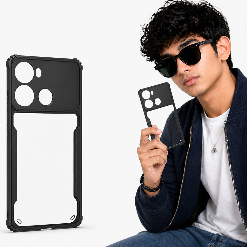 Itel P40 4G Back Cover | Black Eagle Series Transparent Case | Shockproof Bumper | Scratch Resistant Clear Back | Slim & Stylish Protective Mobile Cover Image 