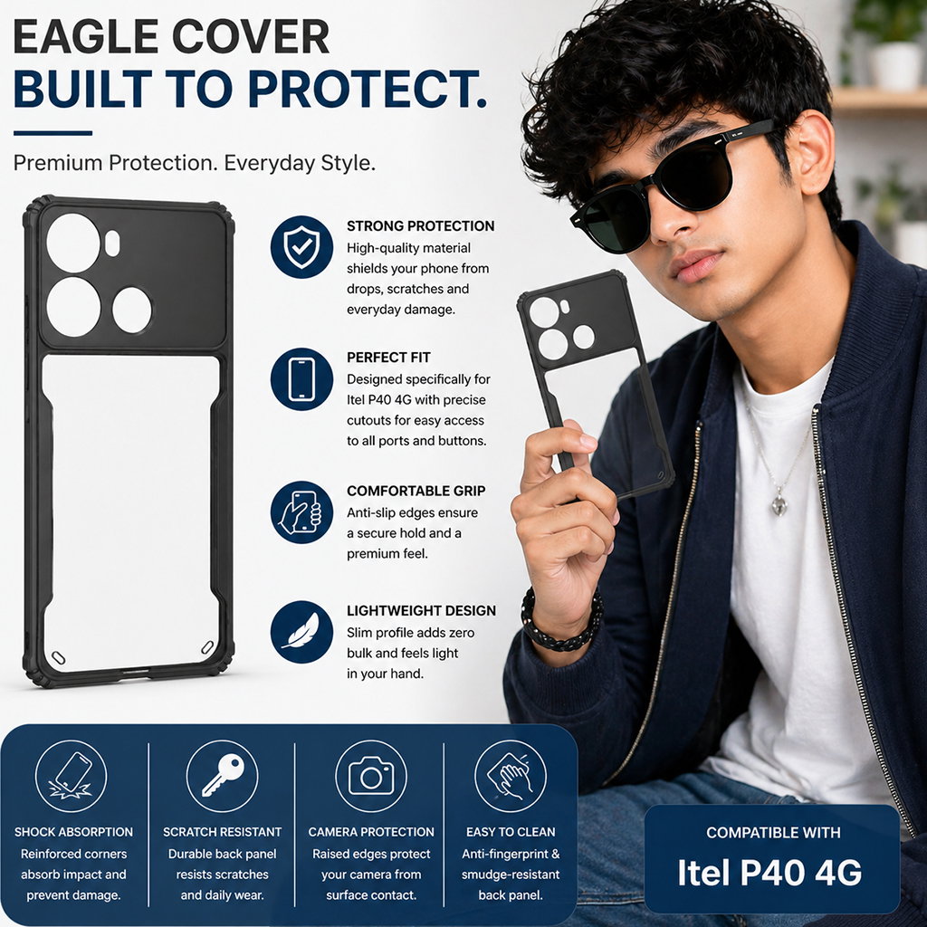 Itel P40 4G Back Cover | Black Eagle Series Transparent Case | Shockproof Bumper | Scratch Resistant Clear Back | Slim & Stylish Protective Mobile Cover Image 