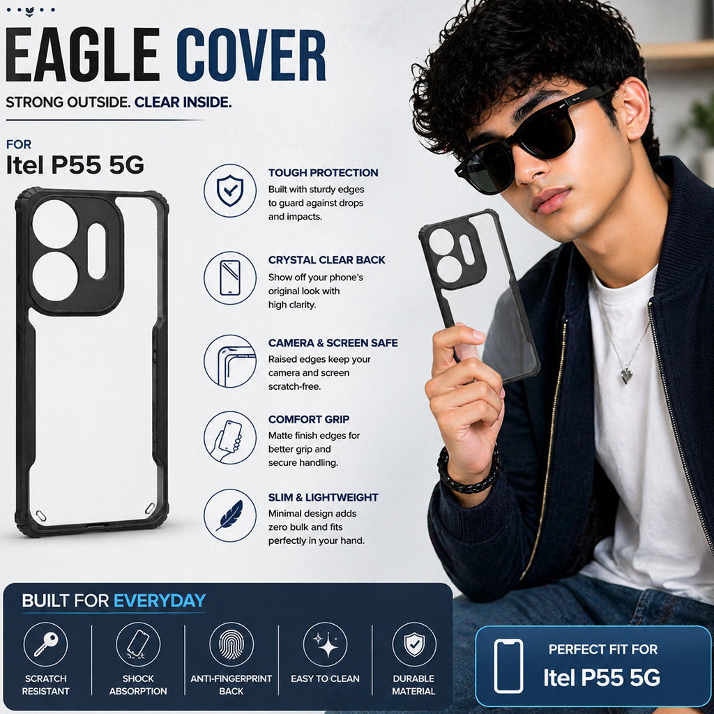 Black Eagle Transparent Back Cover for Itel P55 5G | Shockproof Bumper Case | Anti-Slip Grip | Camera Protection | Slim & Durable Design Image 