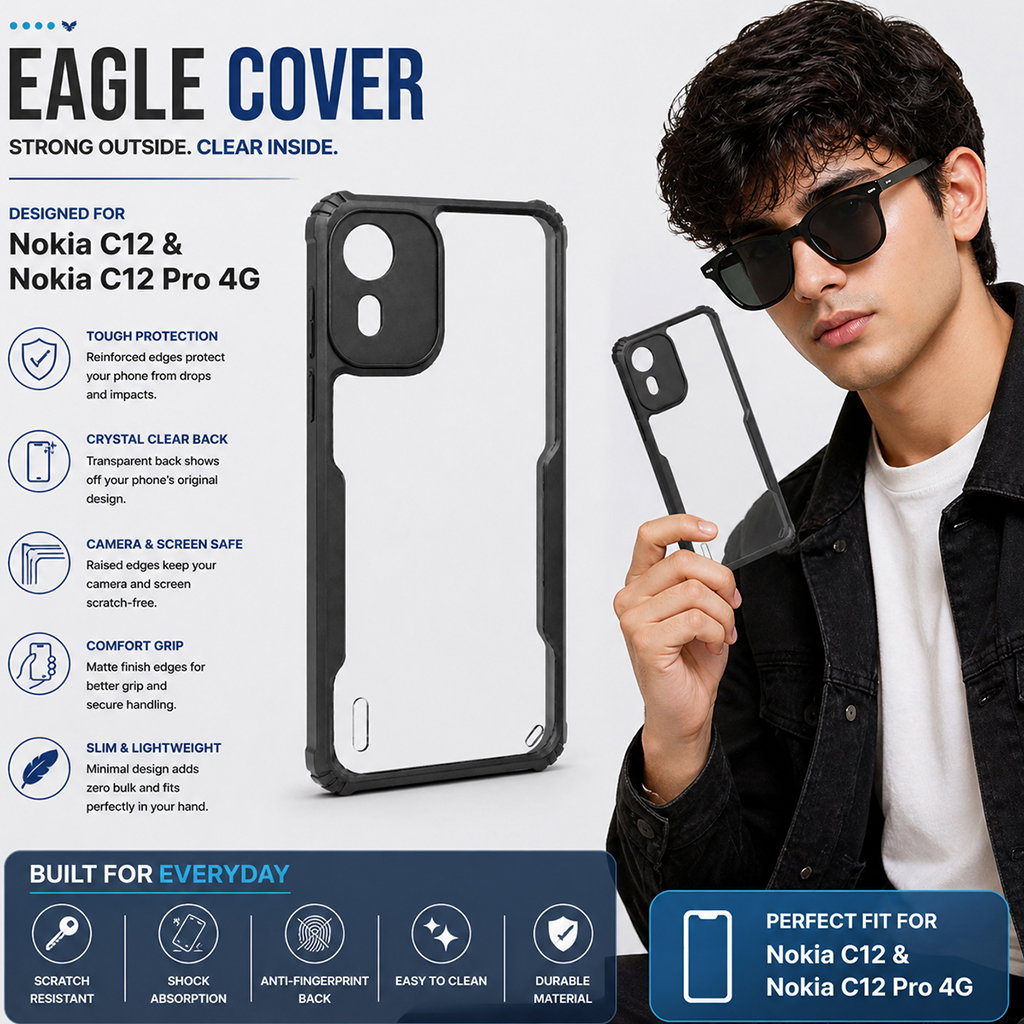 Nokia C12 & Nokia C12 Pro 4G Black Eagle Cover | Transparent Back with Shockproof Black Edges | Rugged Protection Case Image 