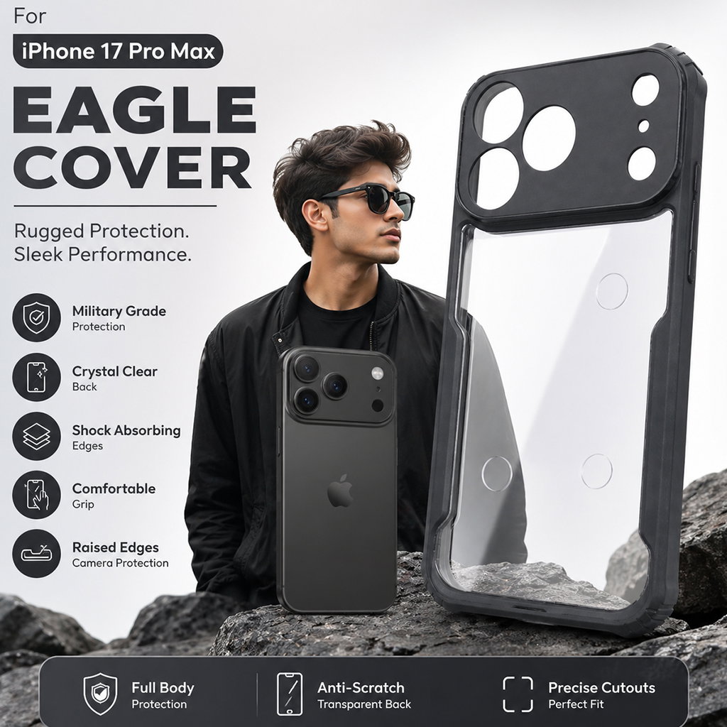 Premium Eagle Series Back Cover for iPhone 17 Pro Max | Transparent Back with Black Edge | Shockproof Slim Fit Case | Anti-Yellow Crystal Clear Design Image 