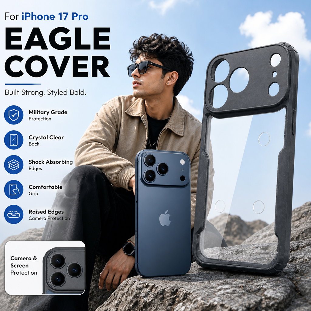 Premium Eagle Series Back Cover for iPhone 17 Pro | Transparent Back with Black Edge | Shockproof Slim Fit Case | Anti-Yellow Crystal Clear Design Image 