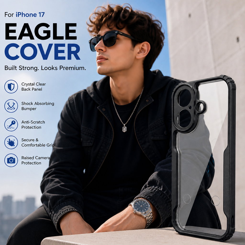 Premium Eagle Series Back Cover for iPhone 17 | Transparent Back with Black Edge | Shockproof Slim Fit Case | Anti-Yellow Crystal Clear Design Image 