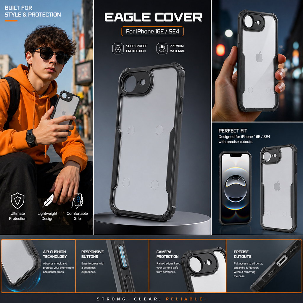 Premium Eagle Series Back Cover for iPhone 16E / iPhone SE 4 | Transparent Back with Black Edge | Shockproof Slim Fit Case | Anti-Yellow Crystal Clear Design Image 