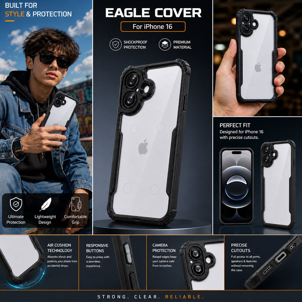 Premium Eagle Series Back Cover for iPhone 16 | Transparent Back with Black Edge | Shockproof Slim Fit Case | Anti-Yellow Crystal Clear Design Image 