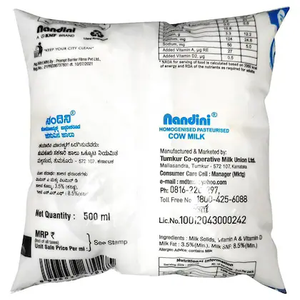 Nandini Homogenised Pasteurised Cow Milk 500 ml (Pouch)