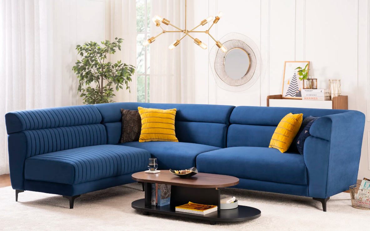 Linora Velvet L-Shape Sofa in Sapphire Blue Color Image