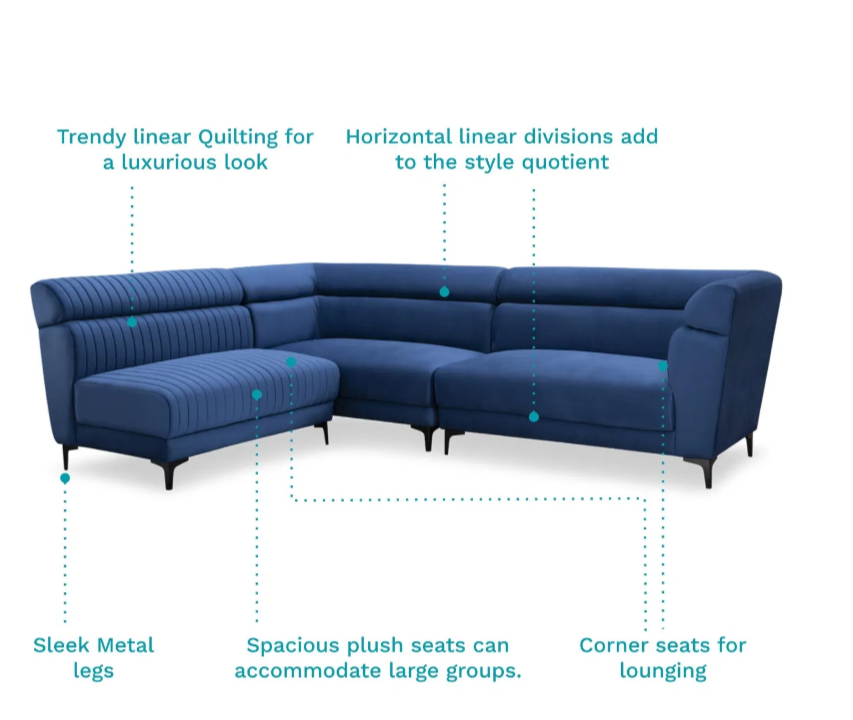 Linora Velvet L-Shape Sofa in Sapphire Blue Color