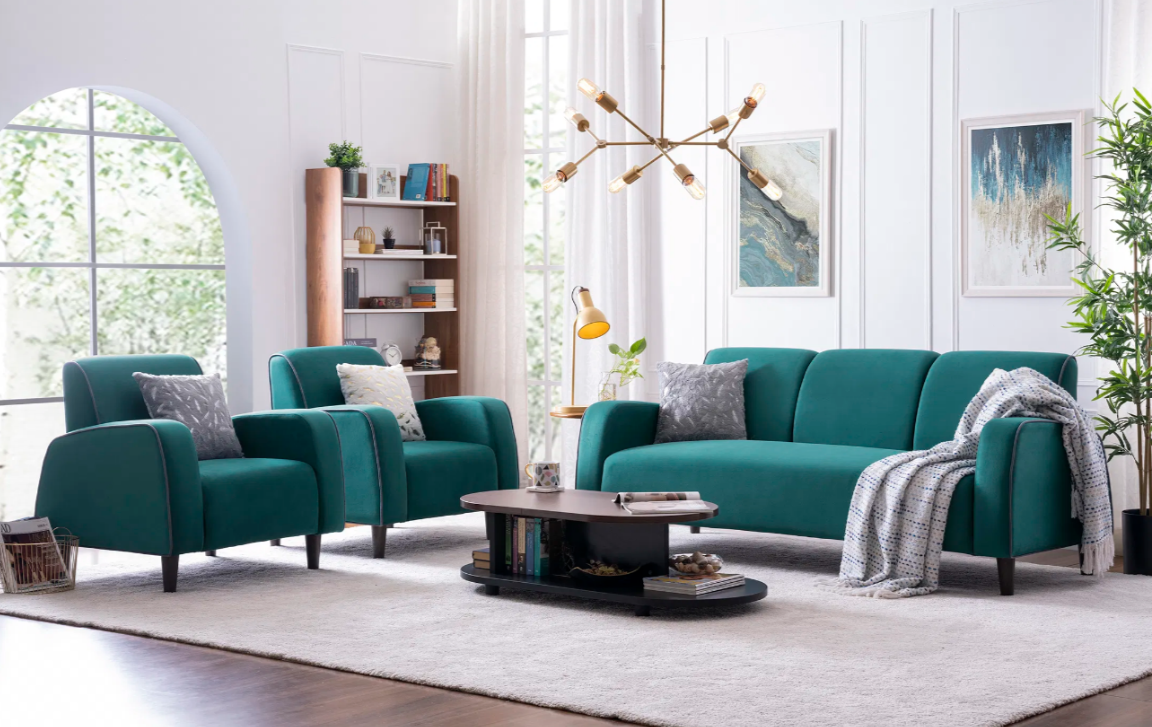 Ella Velvet 3+1+1 Seater Sofa Set in Deep Teal Color Image