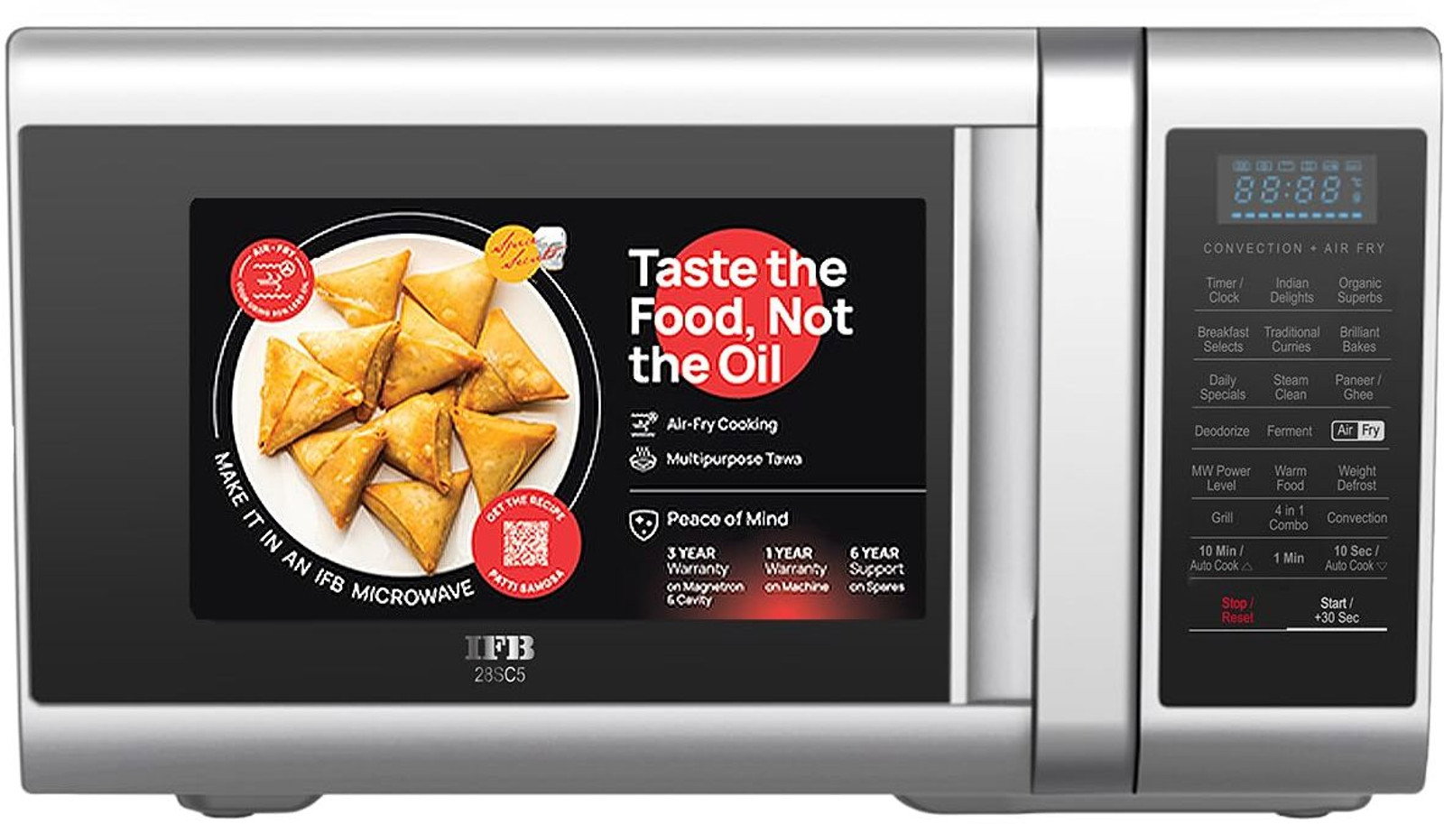 IFB 28 L Air Fry, Homemade Paneer in just 9 mins, Paneer/Ghee Mode, 300 Auto Cook Menus , Auto Defrost, Steam Clean, 10 Power Levels, Multi-Stage Cooking Convection Microwave Oven (28SC5, Silver) Image