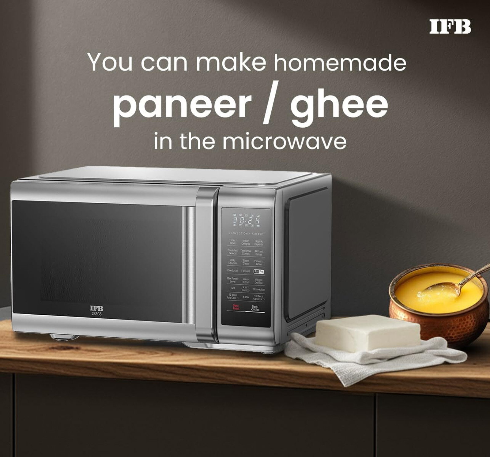 IFB 28 L Air Fry, Homemade Paneer in just 9 mins, Paneer/Ghee Mode, 300 Auto Cook Menus , Auto Defrost, Steam Clean, 10 Power Levels, Multi-Stage Cooking Convection Microwave Oven (28SC5, Silver) Image 