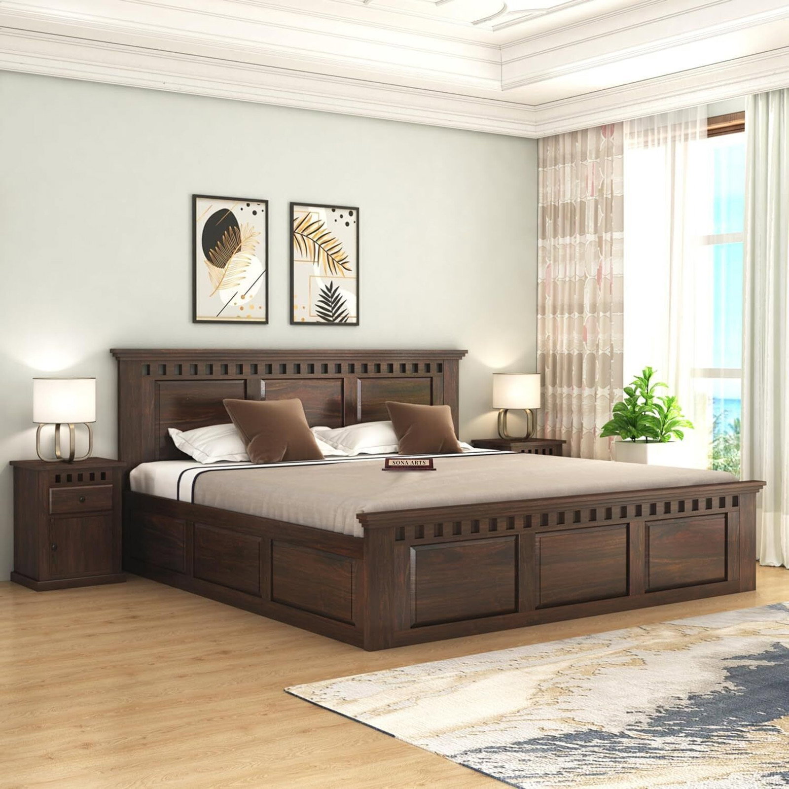 SONA ART & CRAFTS Kuber Sheesham Wood King Size Bed with Storage Box Solid Wood King Box Bed, 208 cm x 190 cm (6.82 ft x 6.23 ft) (Finish Color - Walnut Finish_ Box, Delivery Condition - DIY Image