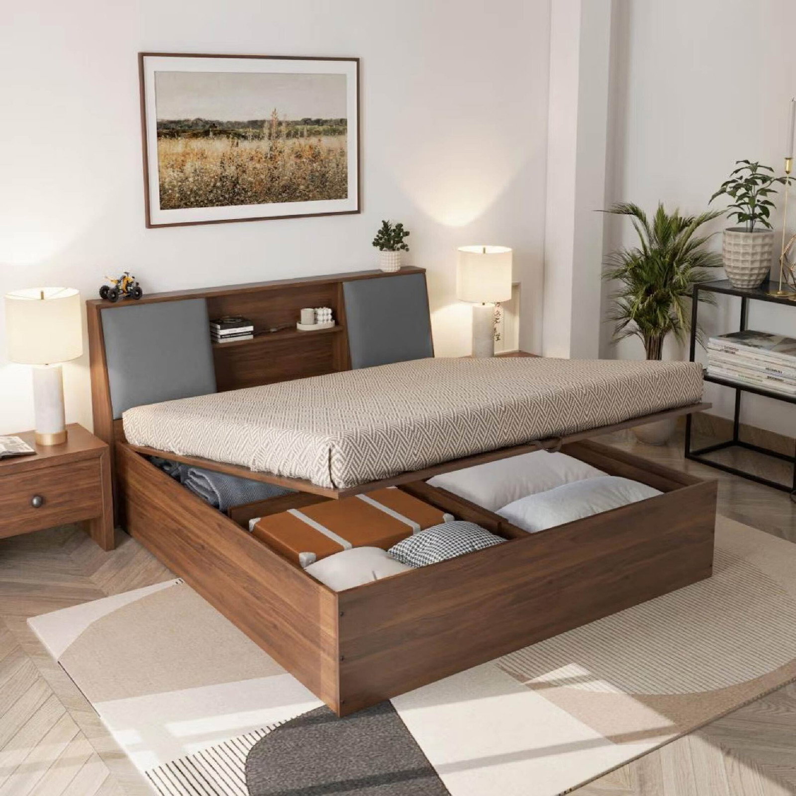 Wakefit Orion Engineered Wood King Hydraulic Bed, 223 cm x 191 cm (7.32 ft x 6.27 ft) (Finish Color - Bed (Columbian Walnut), Upholstery (Omega Grey), Hydraulic Storage, Delivery Condition - Knock Down) Image