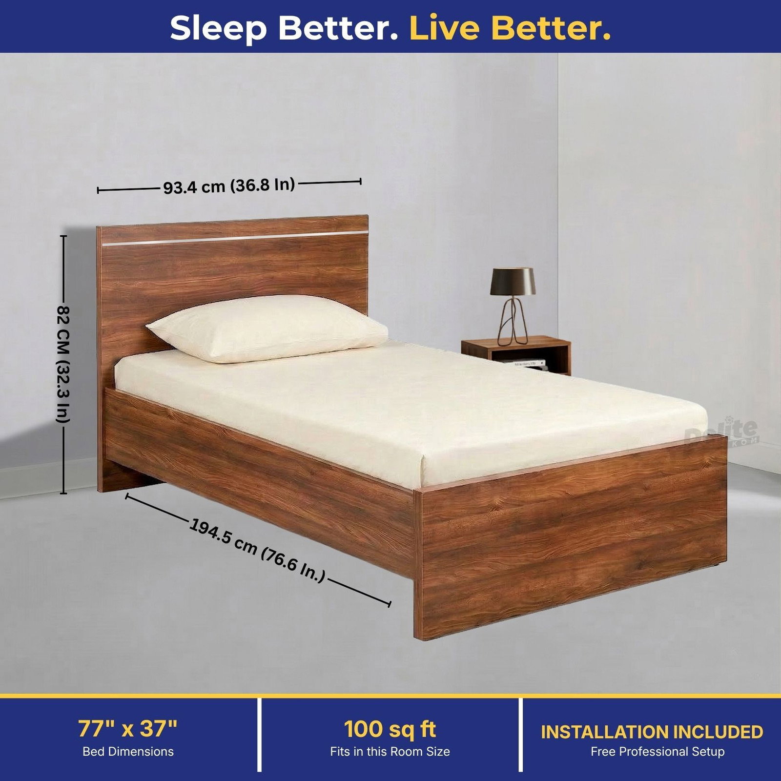 Delite Kom Jazz Single Bed | No Storage | Installation Included Engineered Wood Single Bed, 194.5 cm x 93.4 cm (6.38 ft x 3.06 ft) (Finish Color - Acacia Dark, Delivery Condition - Knock Down)