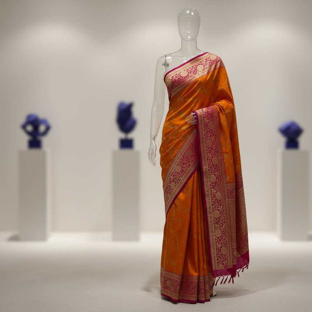 Yellow Banarasi Silk Saree with Heavy Pink Border Image
